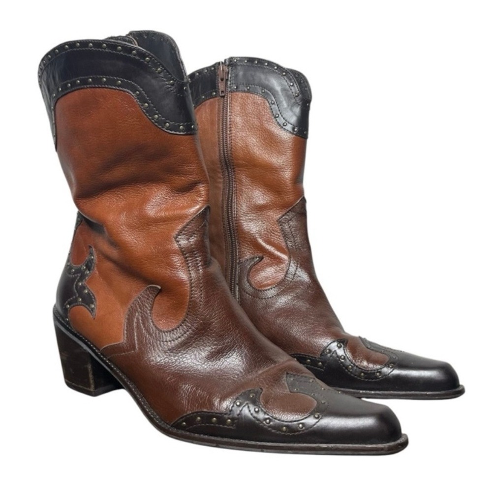 Stuart Weitzman Tricolor Western Ankle Boots Studded Leather Brown 6.5‎
